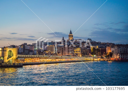 Istanbul city skyline in Turkey, Beyoglu district old houses with Galata tower on top, view from the Golden Horn 103177695