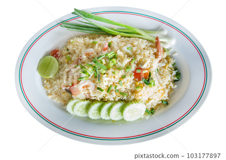 Top view of Shrimp fried rice with assorted vegetables, focus selective Top view of Shrimp fried rice with assorted vegetables, focus selective 103177897