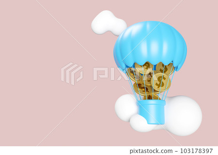 hot air balloon with gold coin, cloud isolated on pink background. loan approval, business banking, investment concept, 3d render illustration, clipping path hot air balloon with gold coin, cloud isolated on pink background. loan approval, business banking, investment concept, 3d render illustration, clipping path 103178397