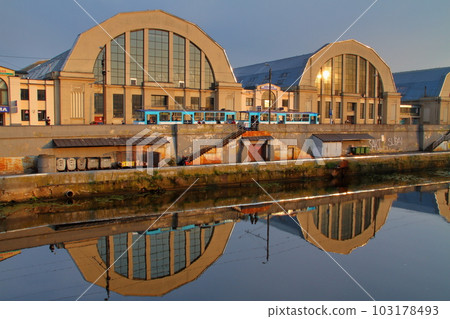 Latvia, Northern European Baltic States, Riga Central Market and canal water mirror included in the World Cultural Heritage Riga Historic Center 103178493