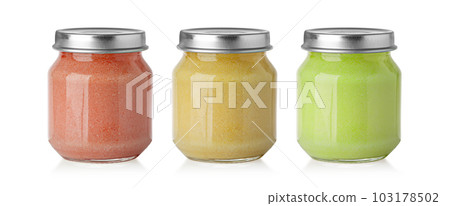 Small Glass Jars of Baby Food 103178502