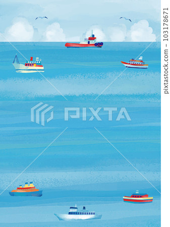 Watercolor touch Summer background frame of the sea, ships and thunderheads Watercolor touch Summer background frame of the sea, ships and thunderheads 103178671