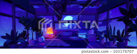 Night empty glass bedroom interior with window 103178707