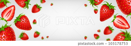 Many fresh strawberries falling, flying border Many fresh strawberries falling, flying border 103178753