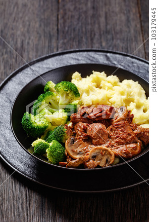 beef mushrooms stew with mashed potato and salad beef mushrooms stew with mashed potato and salad 103179445
