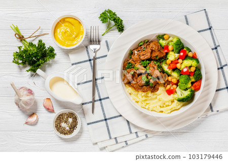 beef mushrooms stew with mashed potato and salad 103179446