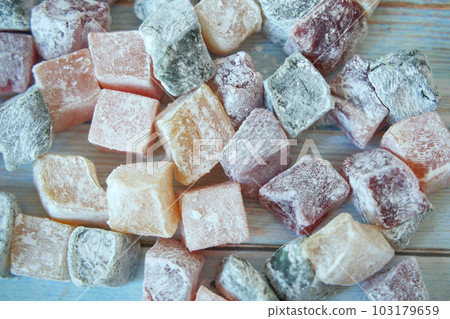 turkish delight or lokum of red, green, orange and yellow colors. 103179659