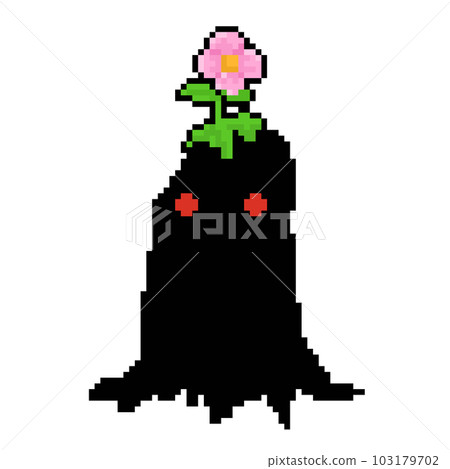Pixel art cartoon black monster with pink flower on head. Pixel art cartoon black monster with pink flower on head. 103179702