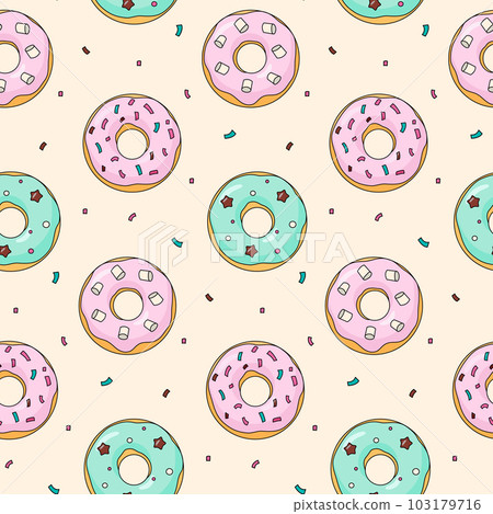 Cartoon donuts seamless pattern pastel doughnuts with sprincles on beige background 103179716