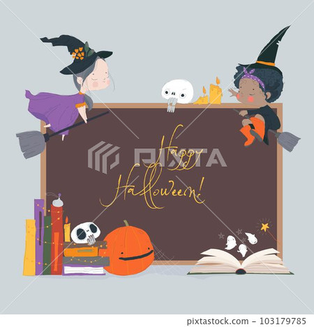 Halloween Illustration with Cute Witches, Pumpkin and Magic Books Halloween Illustration with Cute Witches, Pumpkin and Magic Books 103179785