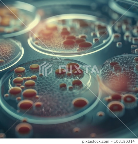 Close-up of virus cells under a magnifying glass for biomedical research is AI Generative. Close-up of virus cells under a magnifying glass for biomedical research is AI Generative. 103180314