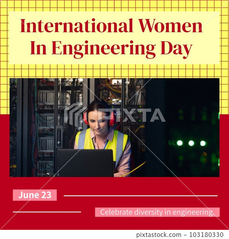 Caucasian woman using laptop in data center and international women in engineering day text Caucasian woman using laptop in data center and international women in engineering day text 103180330