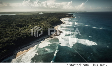 Aerial view of ocean coast with waves roll onto cliffs. AI generated. 103180370