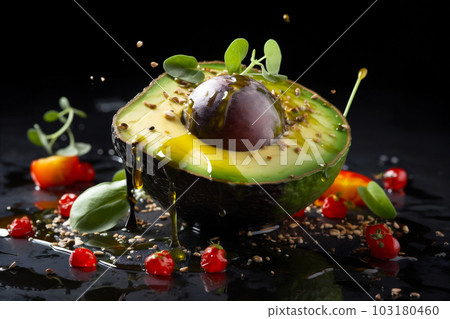 Close-up view of a perfectly ripe avocado, with its smooth green skin and creamy, buttery fresh flesh. AI generated. 103180460