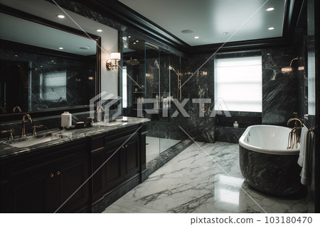 Luxurious bathroom with marble countertop, soaking tubs, bath, shower. AI generated. 103180470