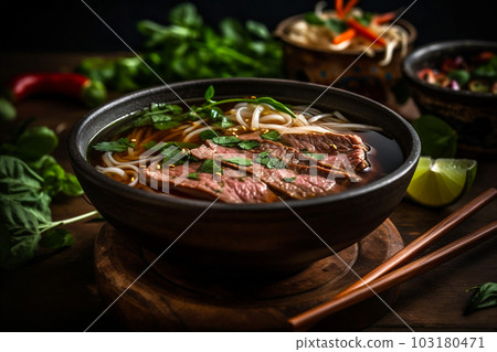 Delicious Steaming Bowl of Pho: Authentic Vietnamese Noodle Soup. AI generated 103180471