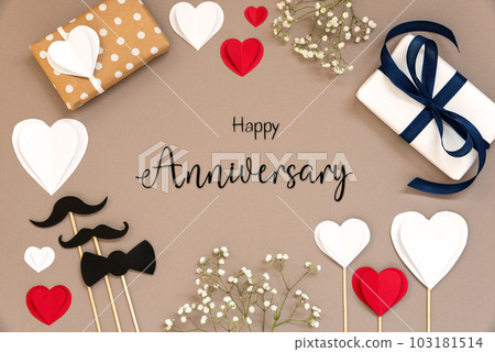 Flat Lay With Accessories, Gifts, Hearts, Text Happy Anniversary Flat Lay With Accessories, Gifts, Hearts, Text Happy Anniversary 103181514