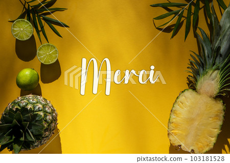 Summer Flat Lay, Tropical Pineapple, Text Merci Means Thank You 103181528