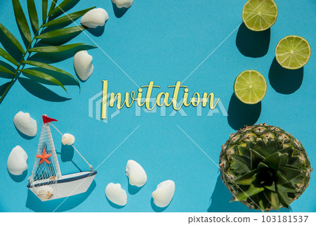 Turquoise Flat Lay, Boat, Shells, Pineapple, Text Invitation Turquoise Flat Lay, Boat, Shells, Pineapple, Text Invitation 103181537
