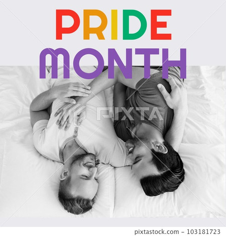 Composition of pride month text and happy diverse male gay couple embracing Composition of pride month text and happy diverse male gay couple embracing 103181723