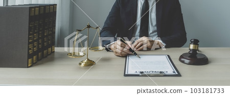 Lawyer hand holding pen and providing legal consult business dispute service at the office with justice scale and gavel hammer Lawyer hand holding pen and providing legal consult business dispute service at the office with justice scale and gavel hammer 103181733