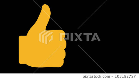 Composition of thumbs up icon on black background with copy space 103182757