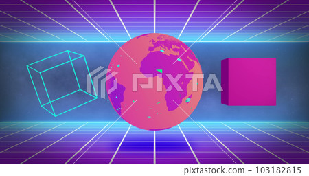 Composition of colorful globe and cubes on blue background 103182815