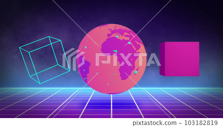Composition of colorful globe and cubes on black background Composition of colorful globe and cubes on black background 103182819