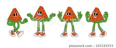 Fruit retro funky cartoon characters. Comic mascot of watermelon with happy smile face, hands and feet. Groovy summer vector illustration. Fruits flower berries juicy sticker pack. 103183553