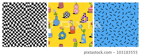 Cute cartoon flower and vase seamless pattern set. Daisy floral organic form and other elements in trendy playful cartoon style. Vector chessboard and abstract background. Cute cartoon flower and vase seamless pattern set. Daisy floral organic form and other elements in trendy playful cartoon style. Vector chessboard and abstract background. 103183555