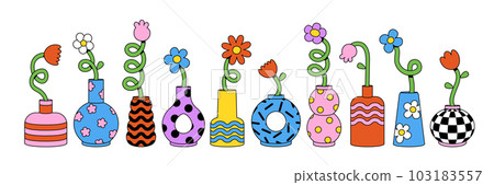 Cute cartoon flower and vase set. Daisy floral organic form and other elements in trendy playful cartoon style. Vector illustrations isolated on white background. Cute cartoon flower and vase set. Daisy floral organic form and other elements in trendy playful cartoon style. Vector illustrations isolated on white background. 103183557