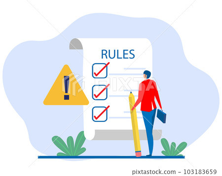 Rules check ,businessman finish writing rules and regulations document with big clipboard and paper order, restrictions, law, and regulations company legal rules vector Rules check ,businessman finish writing rules and regulations document with big clipboard and paper order, restrictions, law, and regulations company legal rules vector 103183659