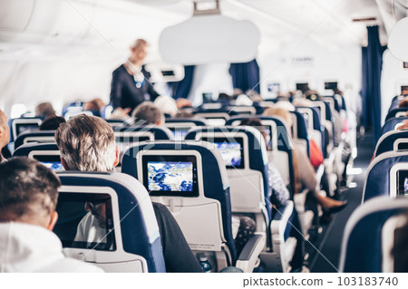 Interior of airplane with passengers on seats and stewardess in uniform walking the aisle, serving people. Commercial economy flight service concept 103183740