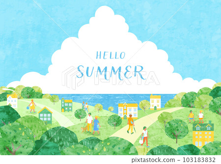 Summer cityscape and people vector illustration background (sea, thundercloud, mountain) 103183832