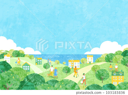 夏季城市景觀和人物矢量圖背景(海、雷雲、山) 夏季城市景觀和人物矢量圖背景(海、雷雲、山) 103183836