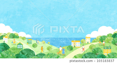Summer cityscape and people vector illustration background (sea, thundercloud, mountain) 103183837