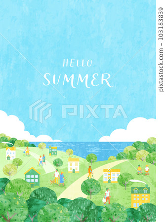 Summer cityscape and people vector illustration background (sea, thundercloud, mountain) 103183839