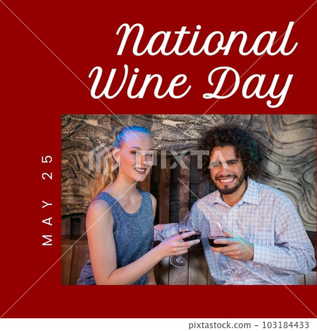 Portrait of multiracial couple toasting wineglasses at home and may 25 and national wine day text 103184433
