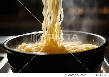 close-up of piping hot ramen with steam rising from the broth, created with generative ai 103184657