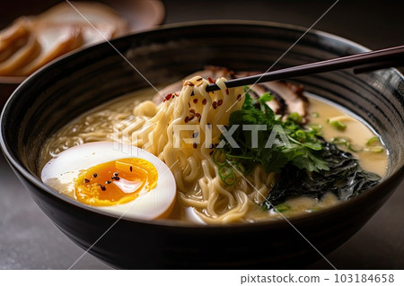 close-up of rich and creamy tonkotsu ramen, with swirls of delicious broth, created with generative ai 103184658
