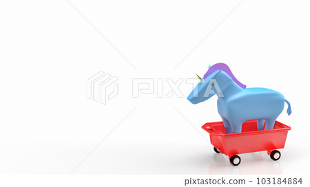 The blue unicorn on red cart for start up concept 3d rendering 103184884