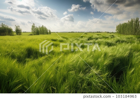 seamless grassland, with genetically modified plants providing nourishment and shelter for animals, created with generative ai 103184963
