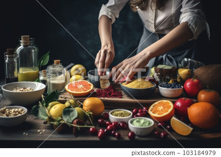 person, cooking delicious meal with ingredients that are 100 gmo-free, created with generative ai 103184979