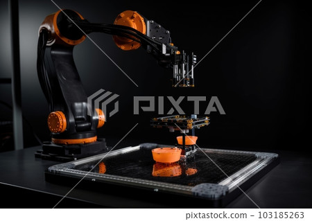 robot arm, with 3d printer and tray of materials, creating precise and intricate object, created with generative ai 103185263
