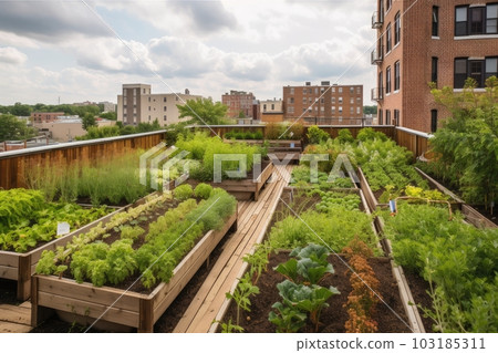 Image of Rooftop garden with flowers, herbs, and vegetables