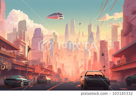 cityscape of bustling metropolis with towering skyscrapers and hovercars, created with generative ai 103185332