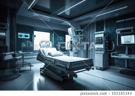 hospital room, with futuristic equipment keeping patient alive, created with generative ai 103185343