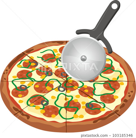 Image illustration of a pizza being cut with a cutter 103185346