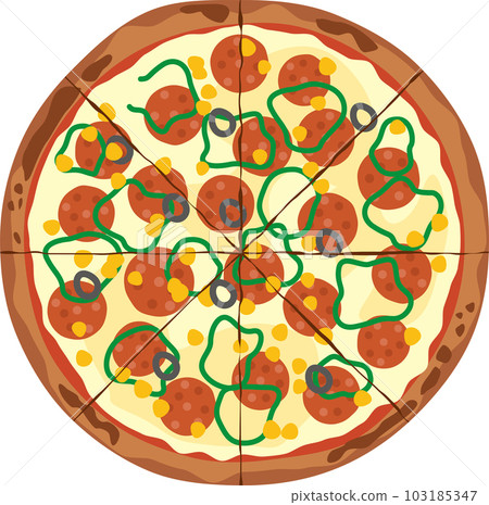 Image illustration of a pizza cut into eight equal parts Image illustration of a pizza cut into eight equal parts 103185347