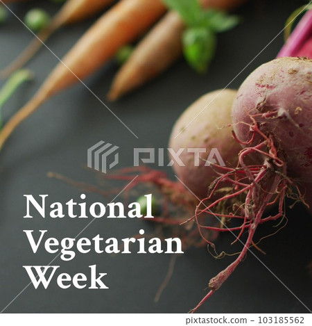 Composition of national vegetarian week text over vegetables 103185562